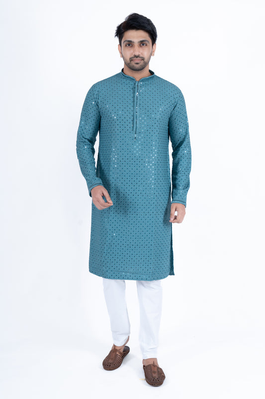 Chikan Kari Kurta - Teal