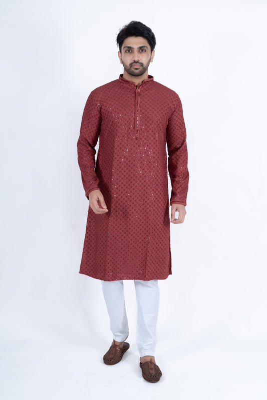 Chikan Kari Kurta - Maroon