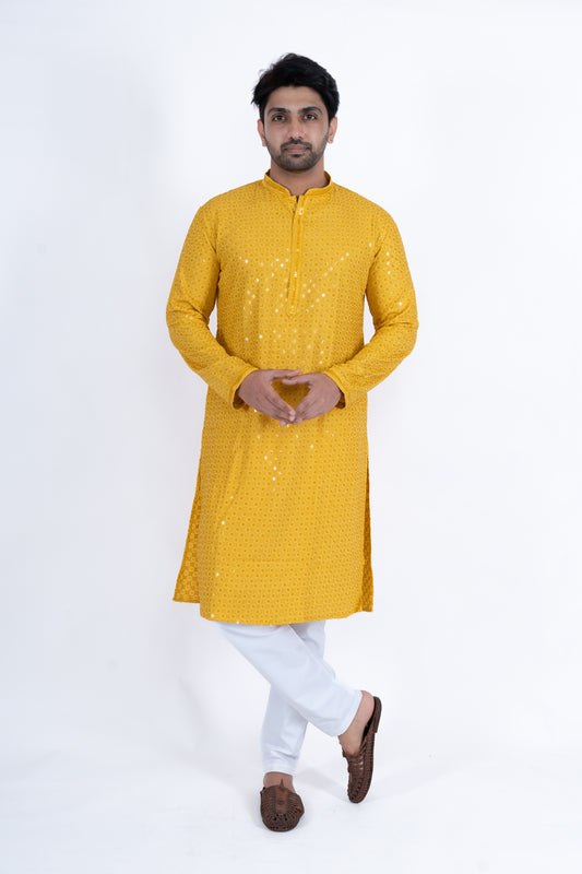 Chikan Kari Kurta - Yellow