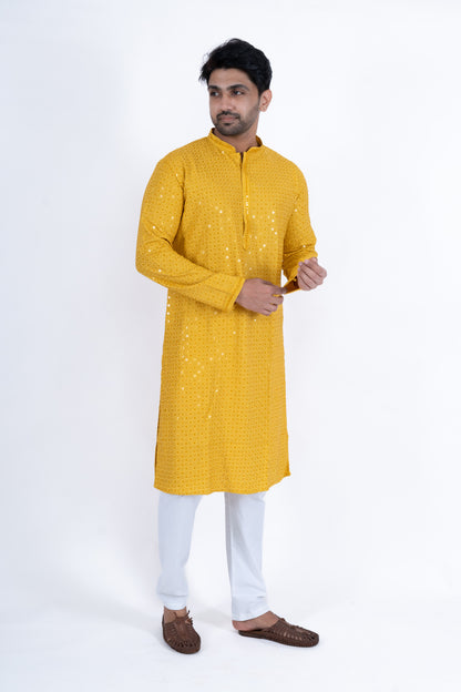 Chikan Kari Kurta - Yellow