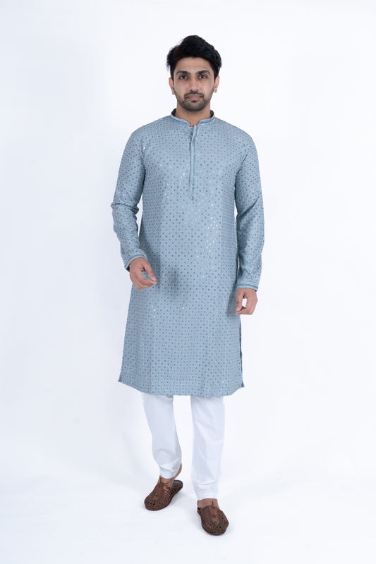 Chikan Kari Kurta - Light Blue