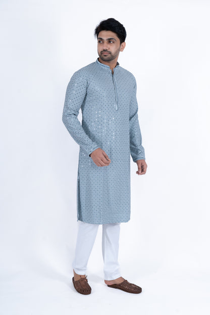 Chikan Kari Kurta - Light Blue