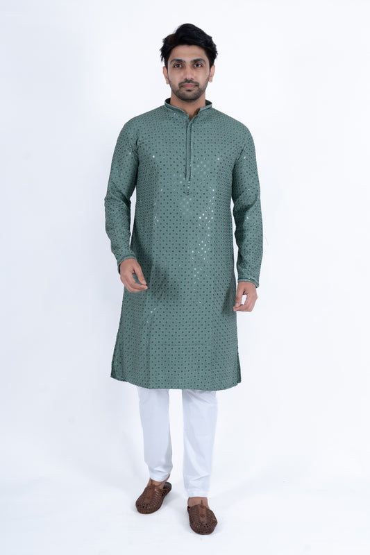 Chikan Kari Kurta - Mint Green