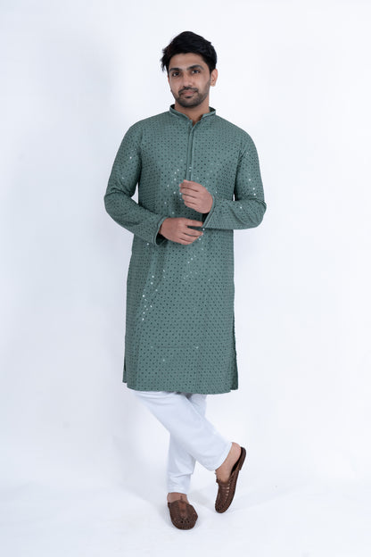 Chikan Kari Kurta - Mint Green