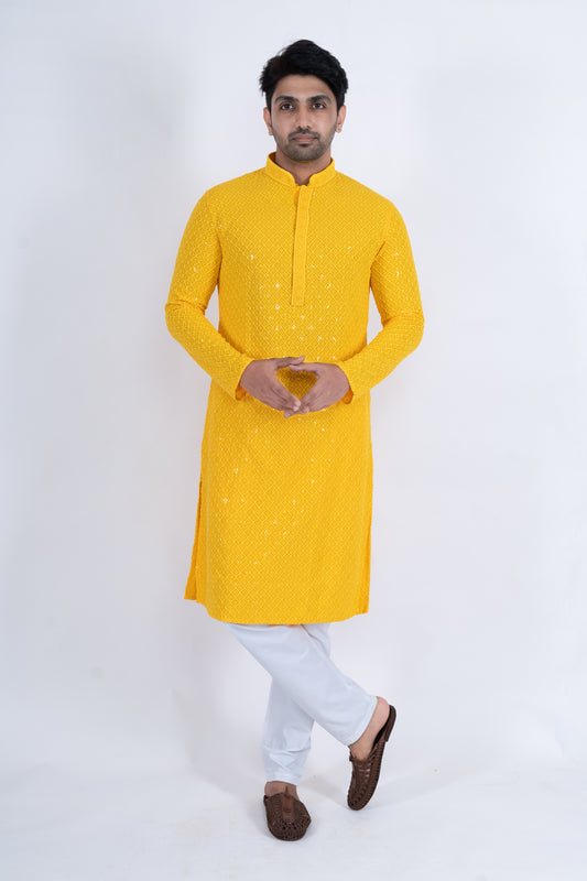 Chikan Kari Kurta - Bright Yellow