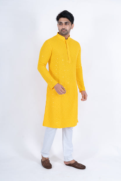 Chikan Kari Kurta - Bright Yellow