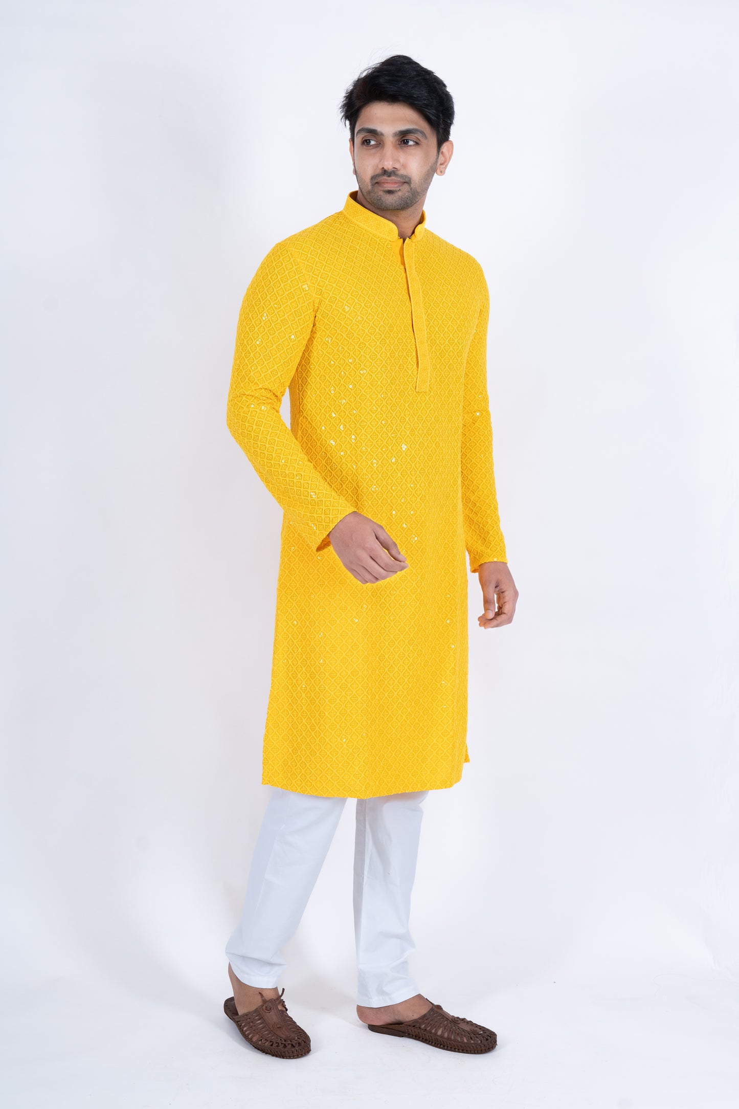 Chikan Kari Kurta - Bright Yellow