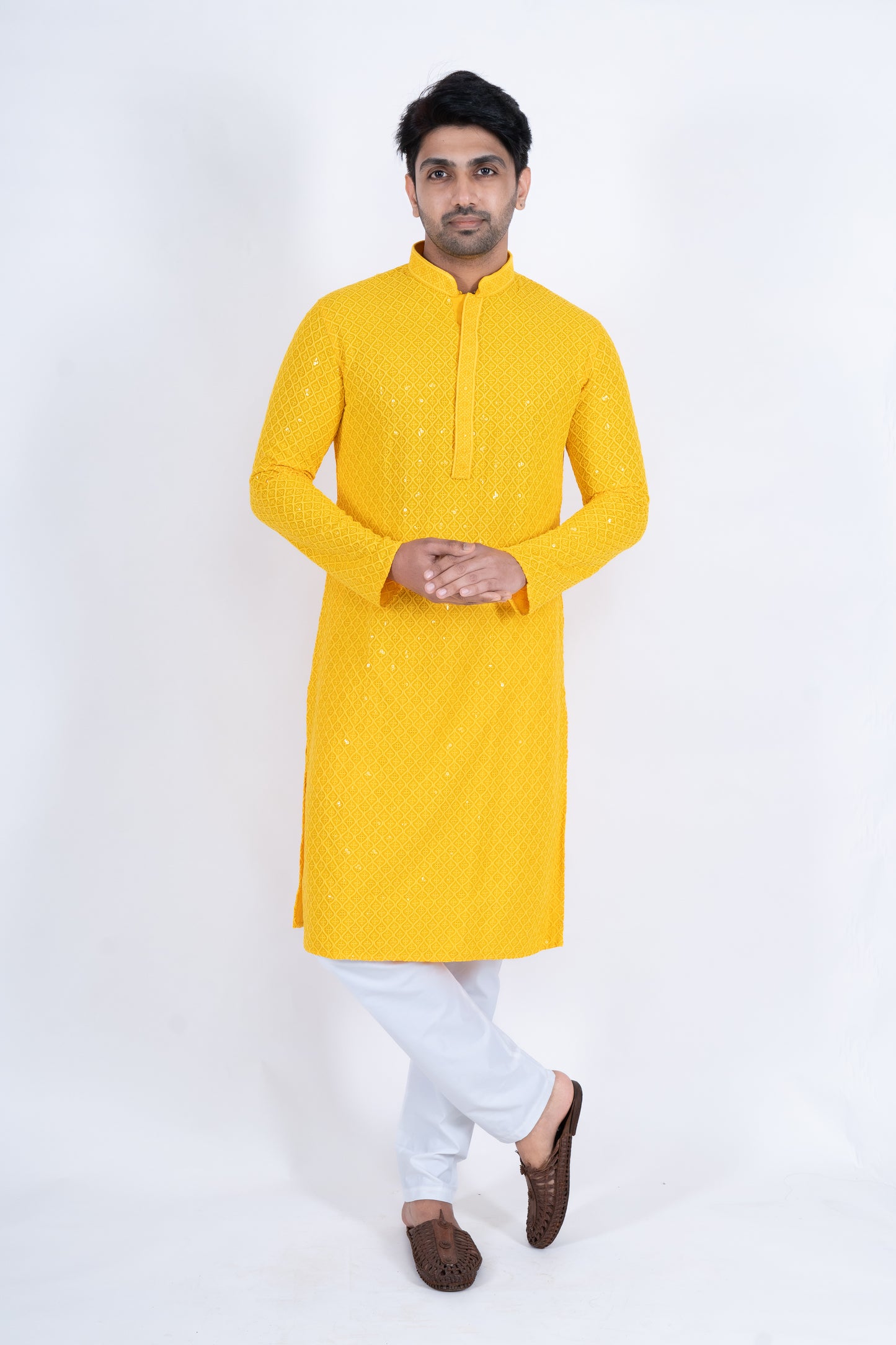 Chikan Kari Kurta - Bright Yellow