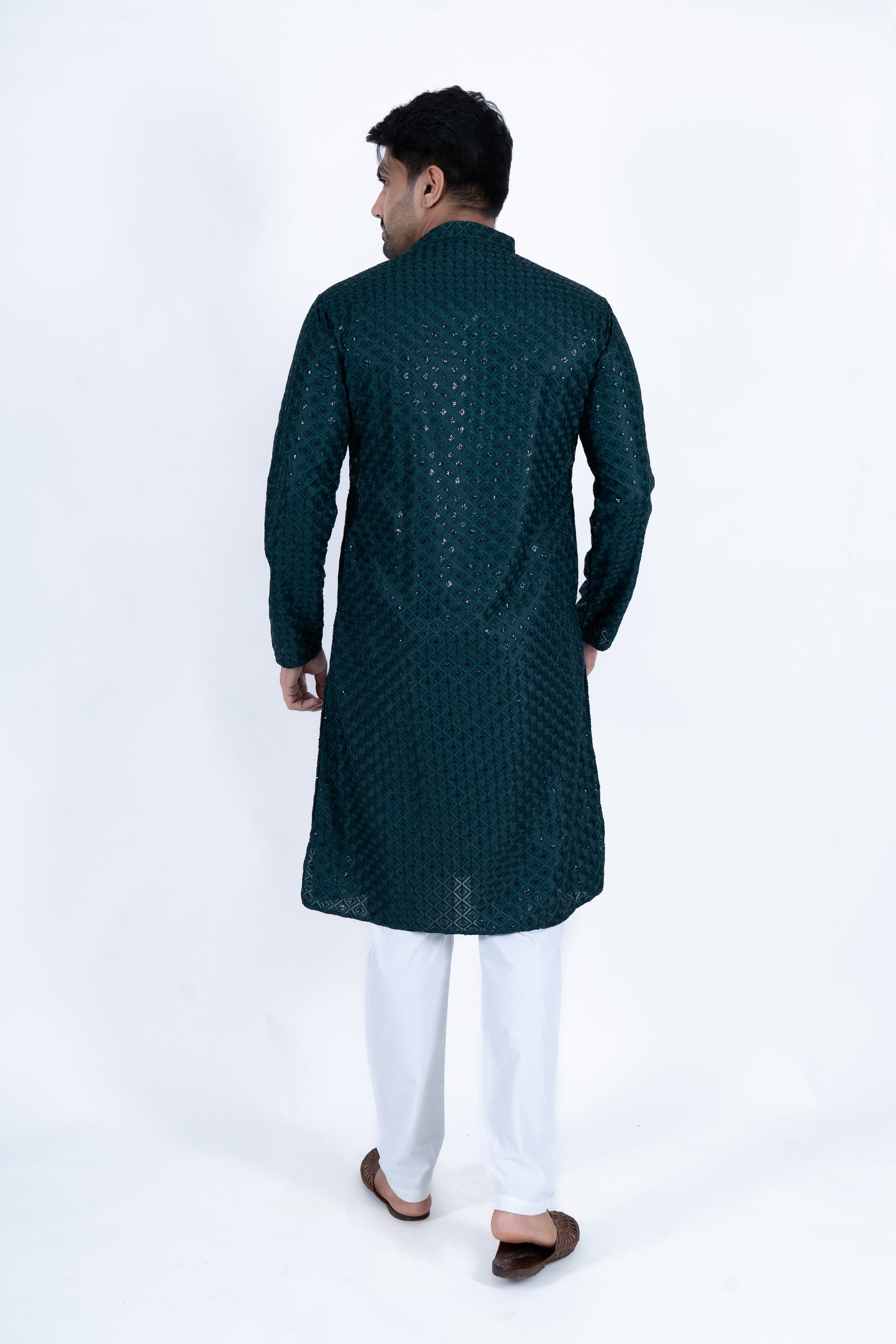 Chikan Kari Kurta - Midnight Green