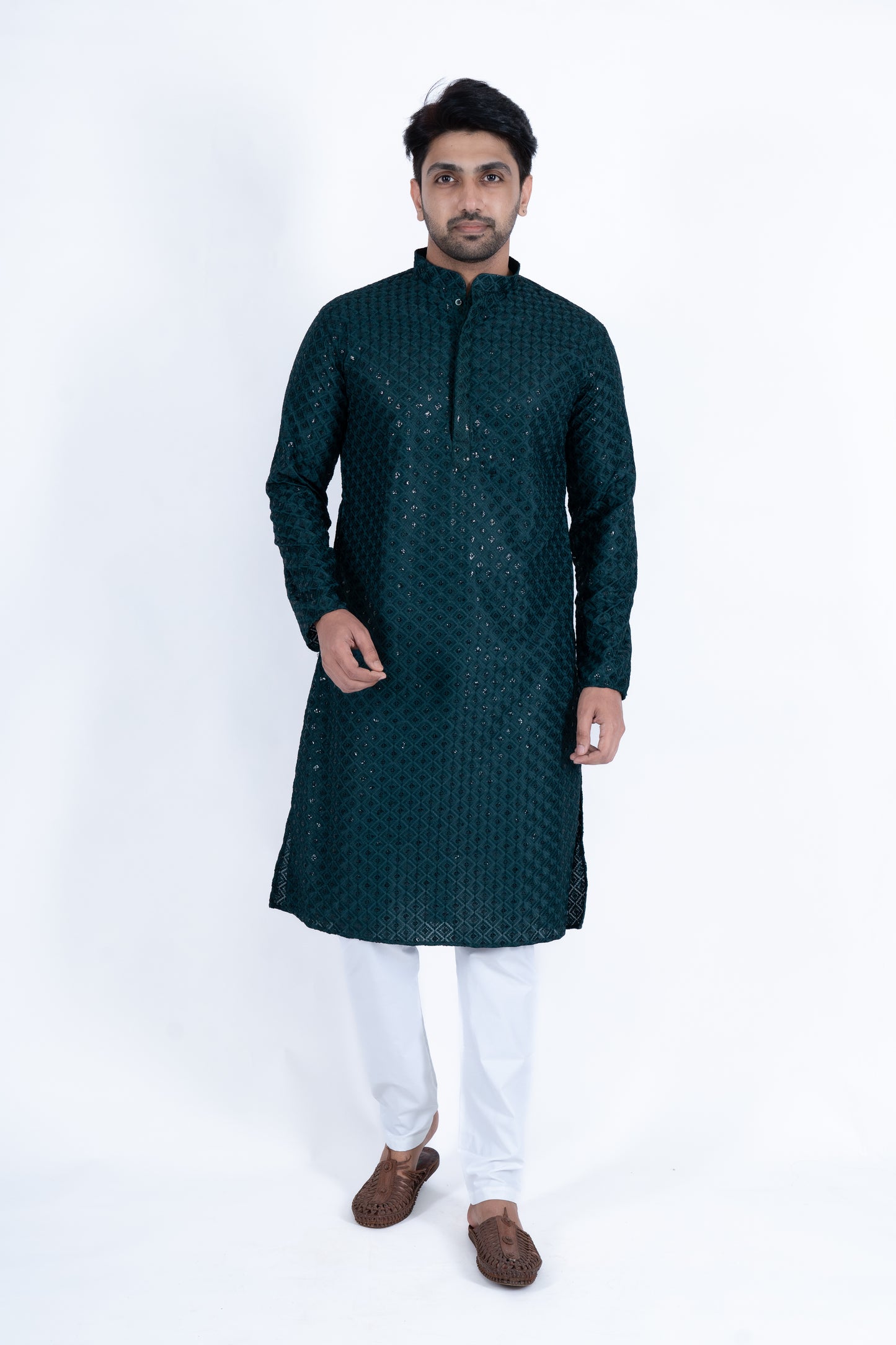 Chikan Kari Kurta - Midnight Green