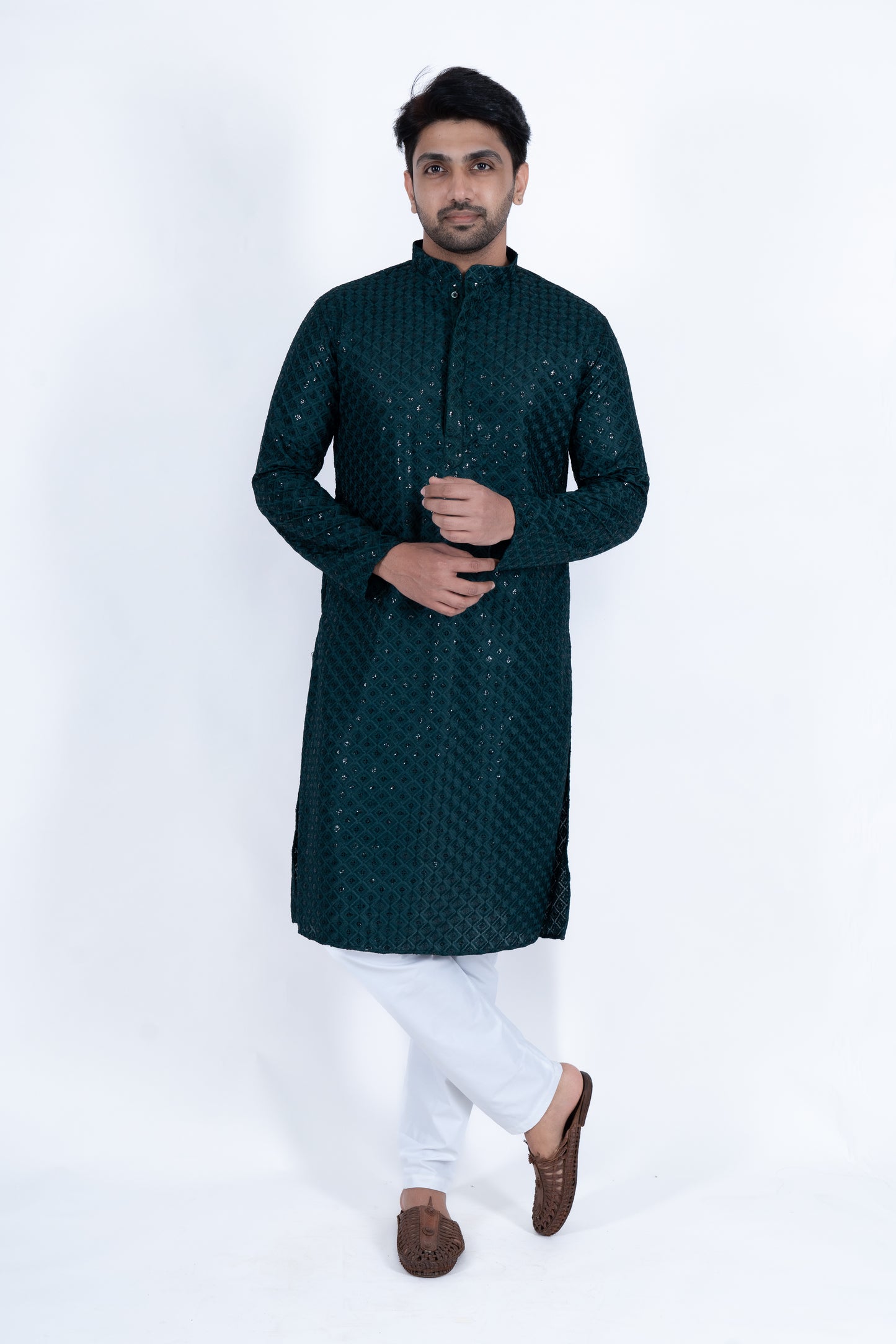 Chikan Kari Kurta - Midnight Green