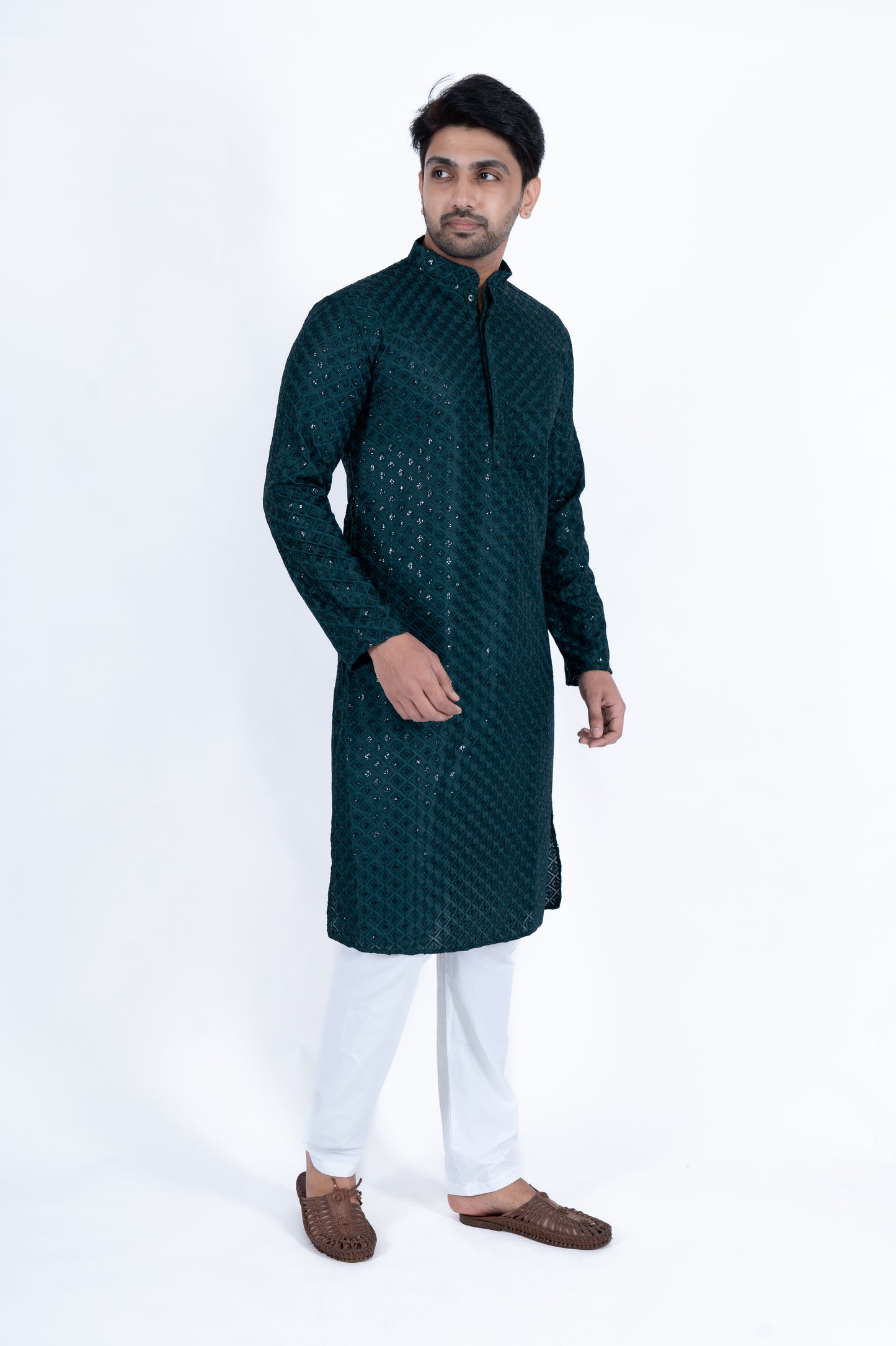 Chikan Kari Kurta - Midnight Green