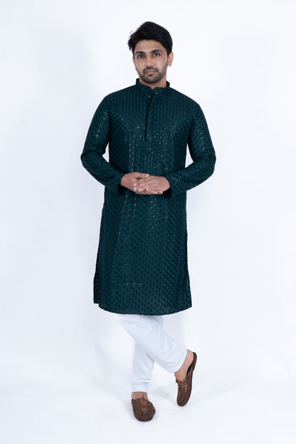 Chikan Kari Kurta - Midnight Green