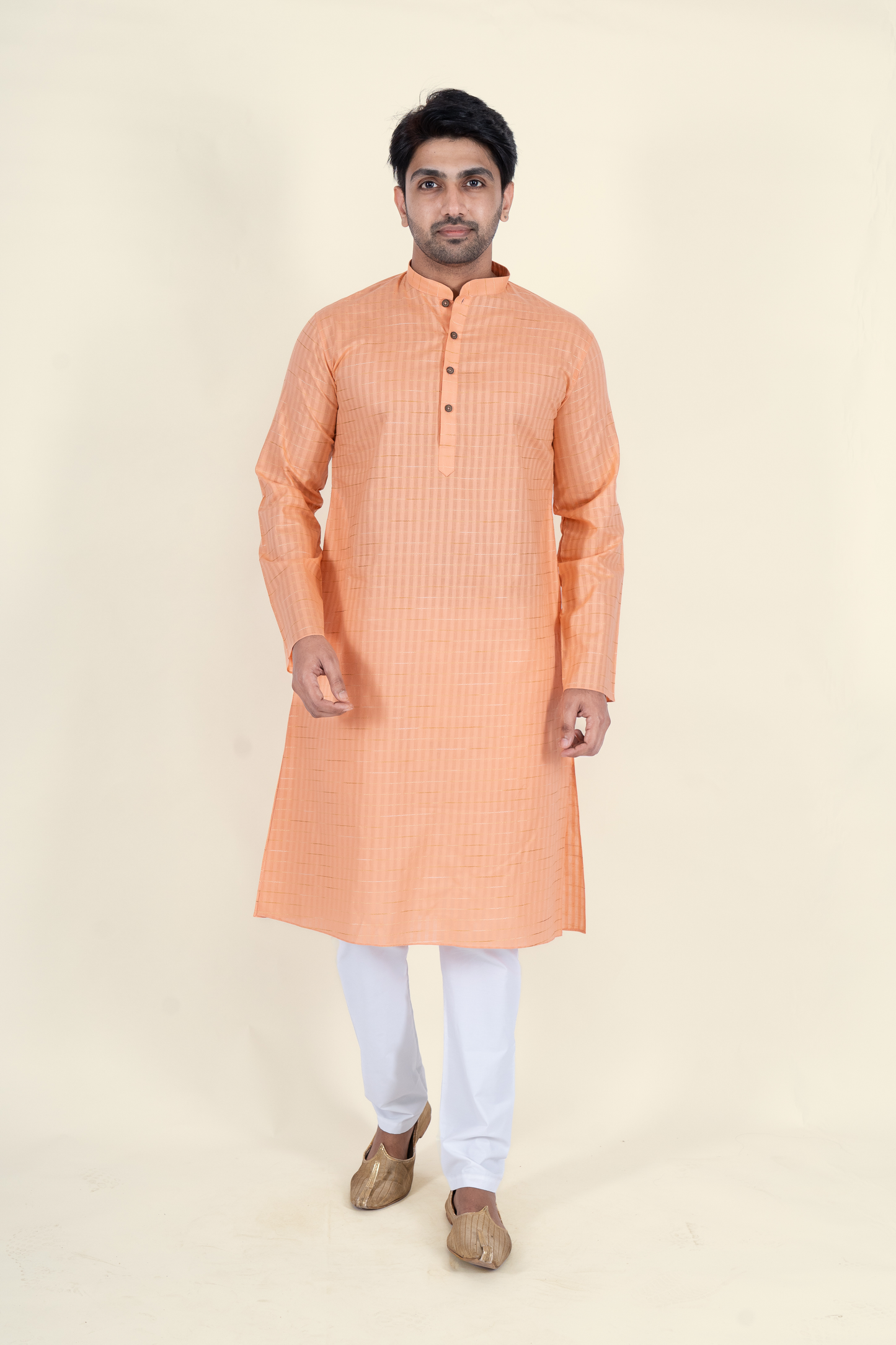 Textured Cotton Kurta - Light Orange