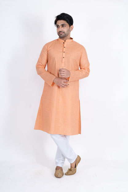 Textured Cotton Kurta - Light Orange