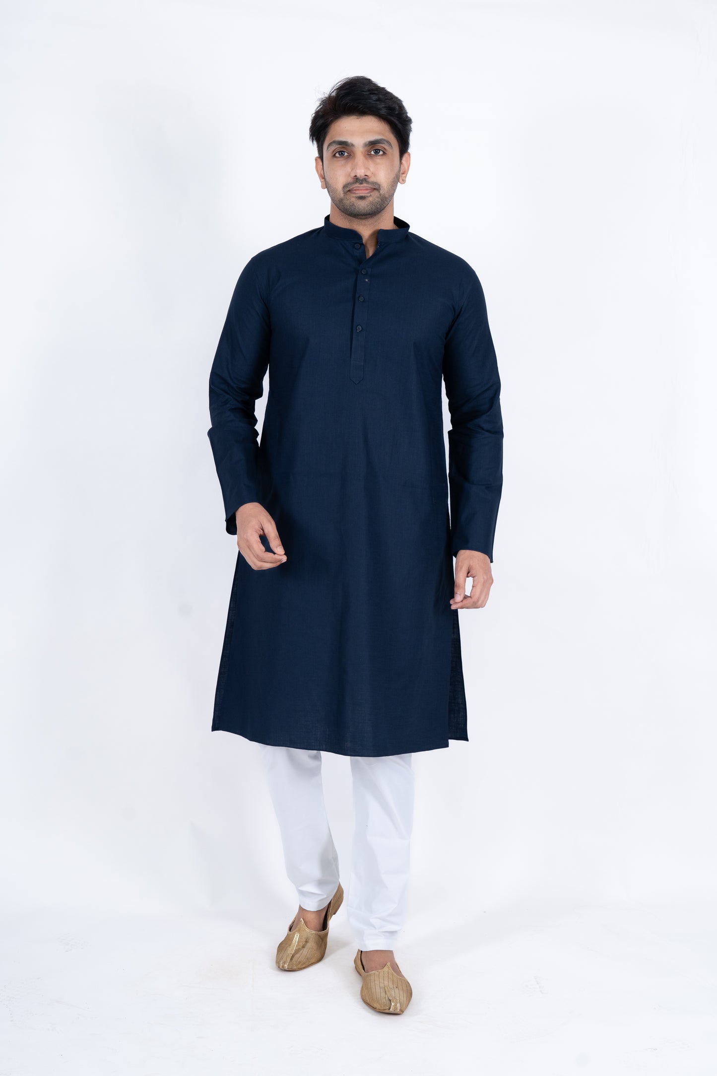 Textured Cotton Kurta - Navy