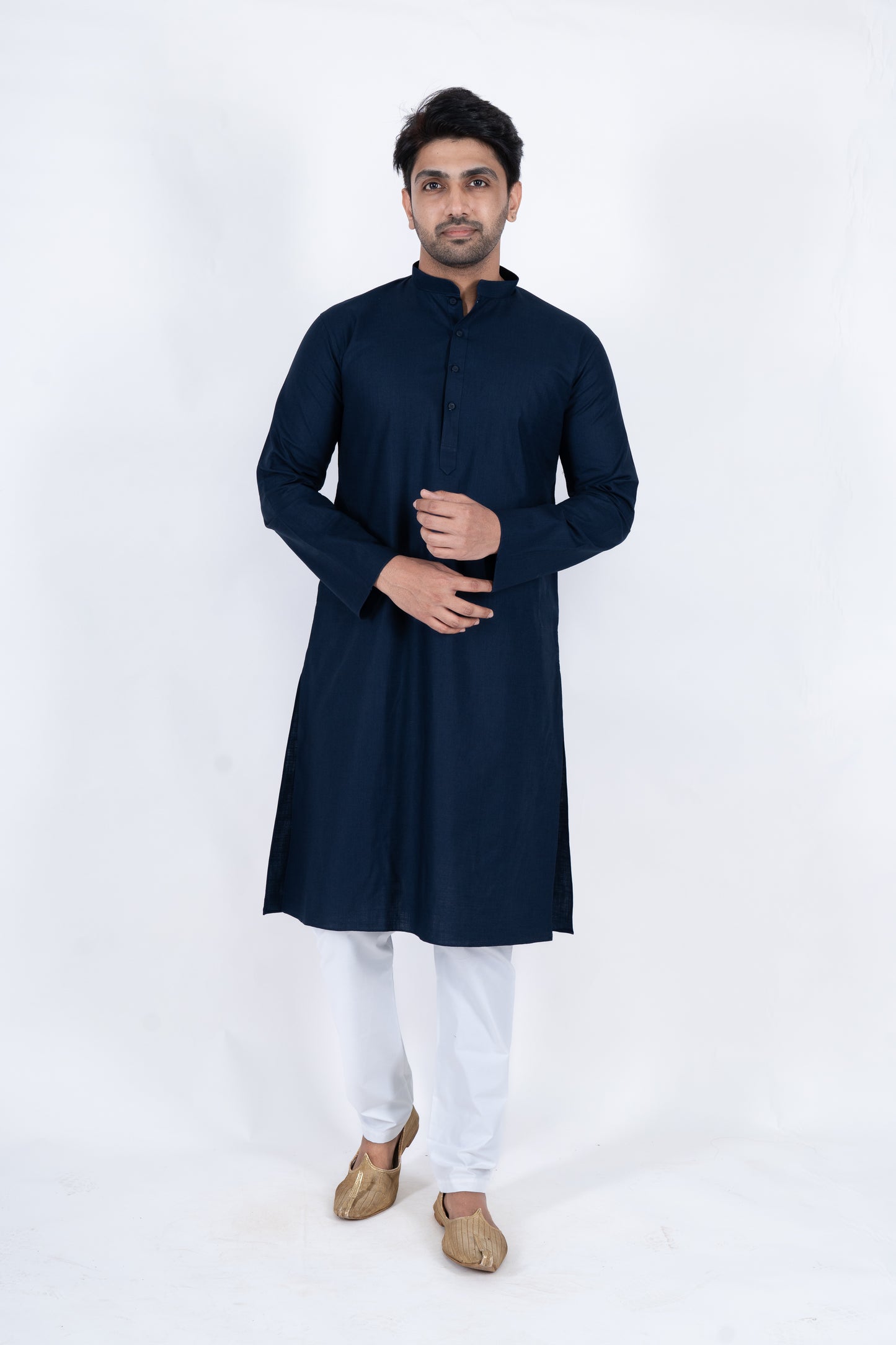 Textured Cotton Kurta - Navy