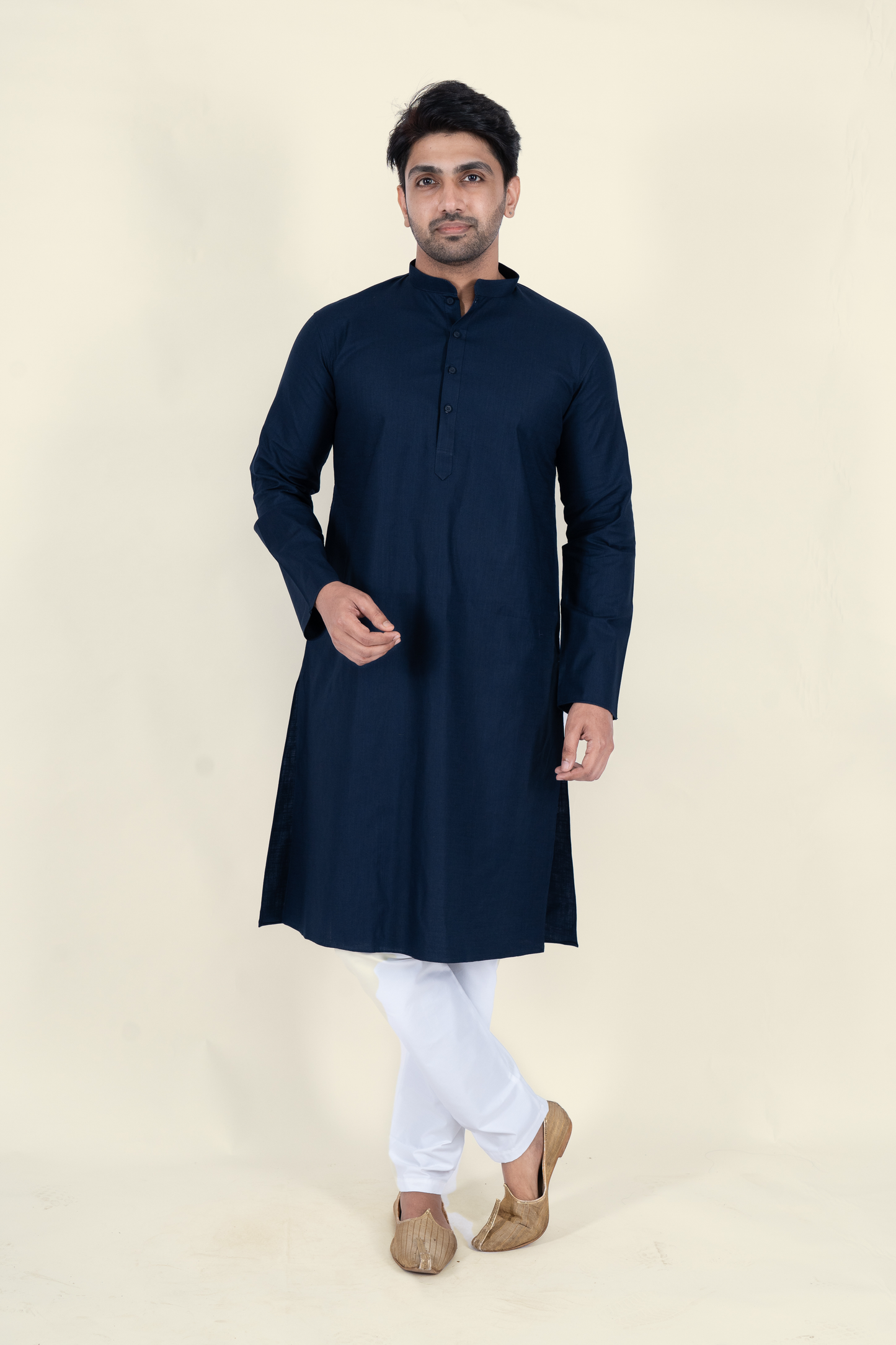 Textured Cotton Kurta - Navy