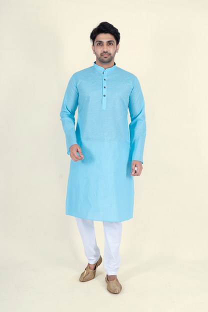 Textured Cotton Kurta - Sky Blue