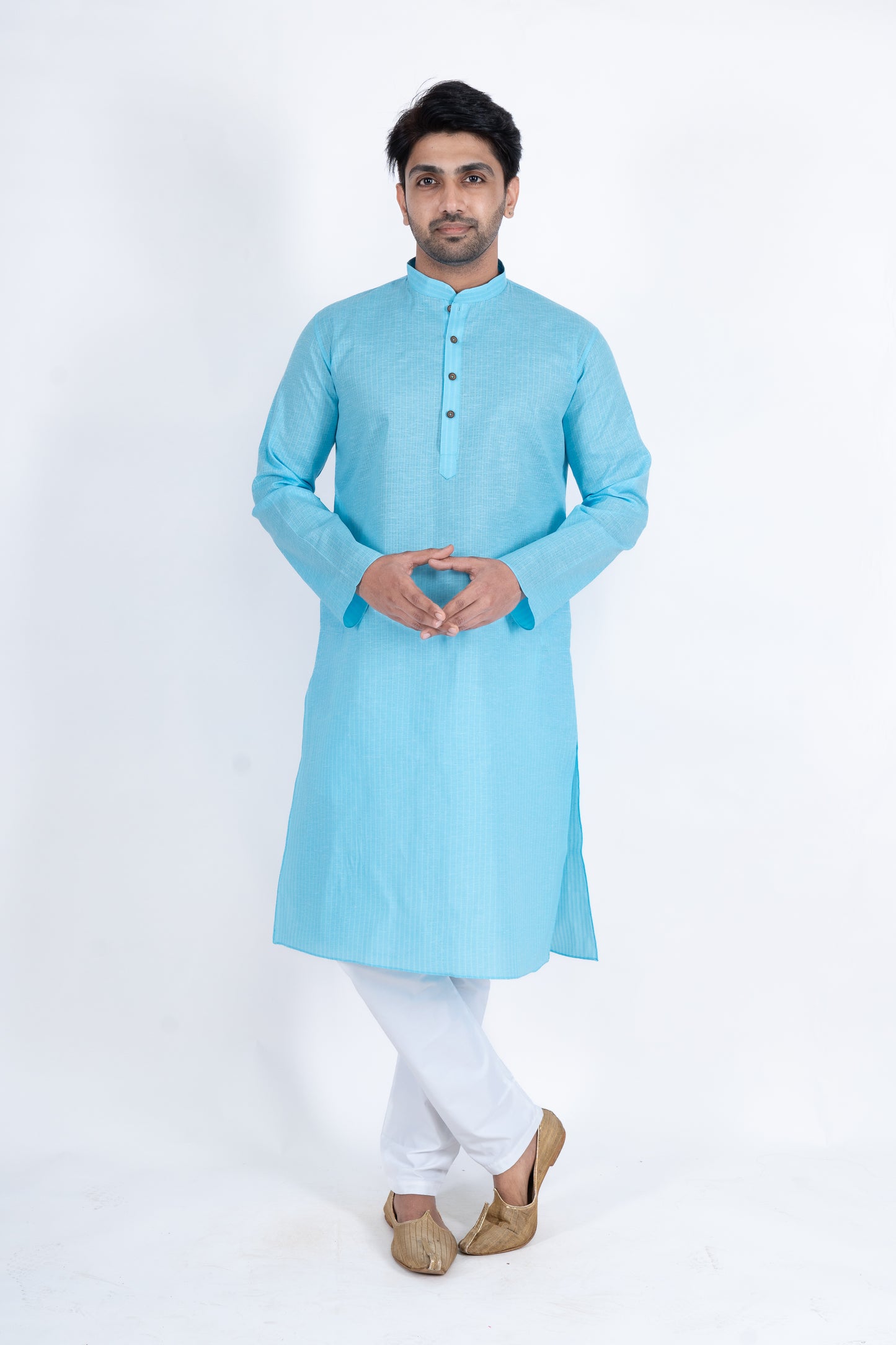 Textured Cotton Kurta - Sky Blue